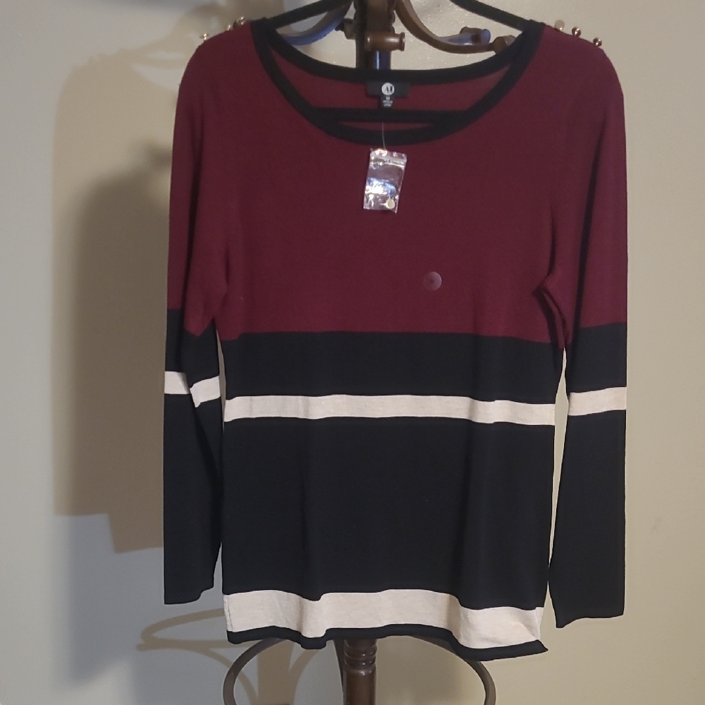 Elegant Burgundy and Black Striped Long Sleeve Top A&1